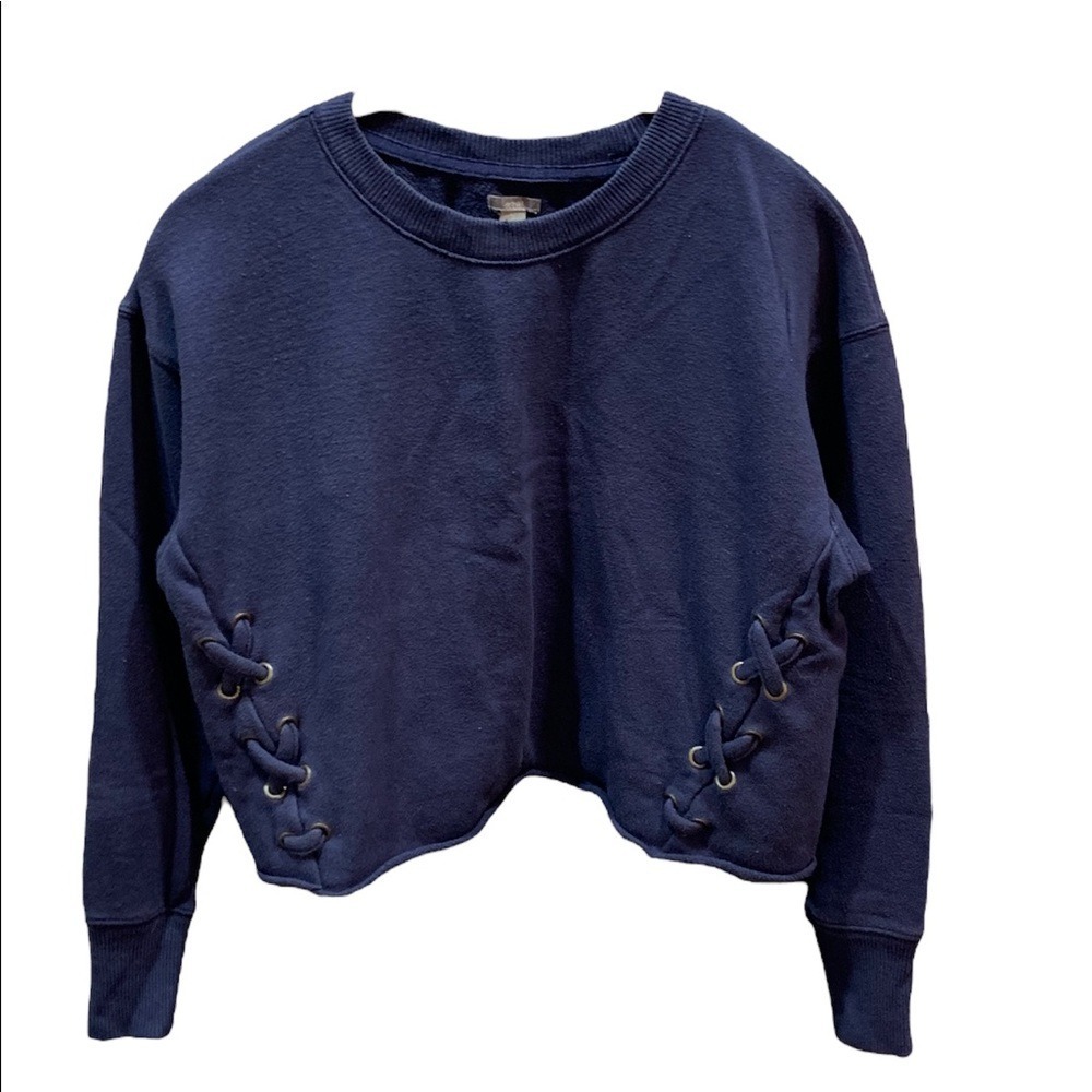 Aerie Navy Blue Cropped Sweatshirt Lace Up Side Raw Hem XS Distressed Sweatshirt